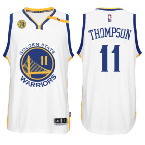 Golden State Warriors #11 Klay Thompson 2016-17 70th Anniversary 42 Patch Home White Swingman Jersey