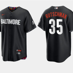 Men Baltimore Orioles #35 Adley Rutschman Black 2023 City Connect Cool Base Stitched Jersey