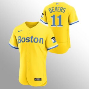 Men Boston Red Sox #11 Rafael Devers Gold 2021 City Connect Flex Base Stitched MLB Jersey