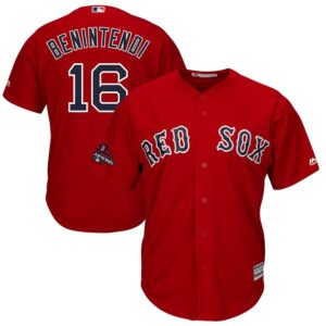 Men Boston Red Sox #16 Andrew Benintendi Majestic Scarlet 2018 World Series Champions Team Logo Player Stitched MLB Jersey