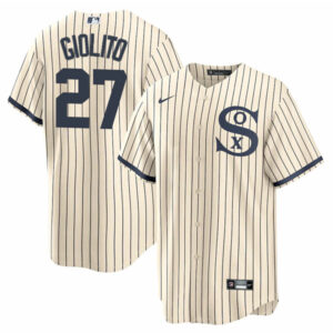 Men Chicago White Sox #27 Lucas Giolito 2021 Cream/Navy Name&Number Field of Dreams Cool Base Stitched Jersey