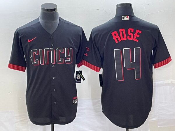 Men Cincinnati Reds #14 Pete Rose Black 2023 City Connect Cool Base Stitched Baseball Jersey