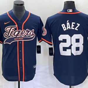 Men Detroit Tigers #28 Javier Baez Navy Cool Base Stitched Baseball Jersey