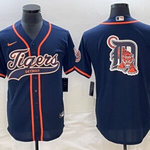 Men Detroit Tigers Navy Team Big Logo Cool Base Stitched Baseball Jersey