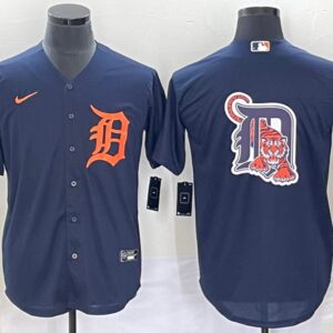 Men Detroit Tigers Navy/Orange Team Big Logo Cool Base Stitched Jersey