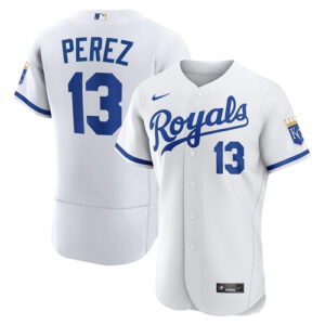 Men Kansas City Royals #13 Salvador Perez White Flex Base Stitched Jersey