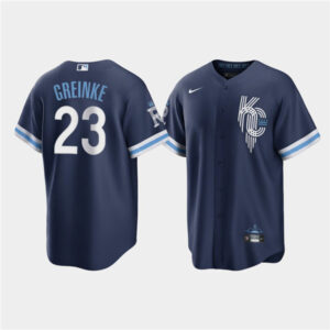 Men Kansas City Royals #23 Zack Greinke 2022 Navy City Connect Cool Base Stitched Jersey