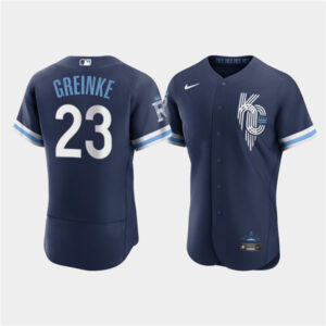 Men Kansas City Royals #23 Zack Greinke 2022 Navy City Connect Flex Base Stitched Jersey