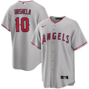 Men Los Angeles Angels #10 Gio Urshela Gray Cool Base Stitched Jersey