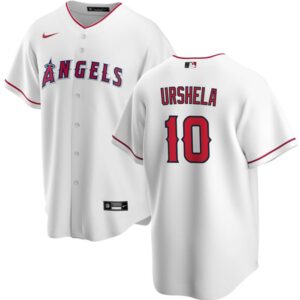 Men Los Angeles Angels #10 Gio Urshela White Cool Base Stitched Jersey