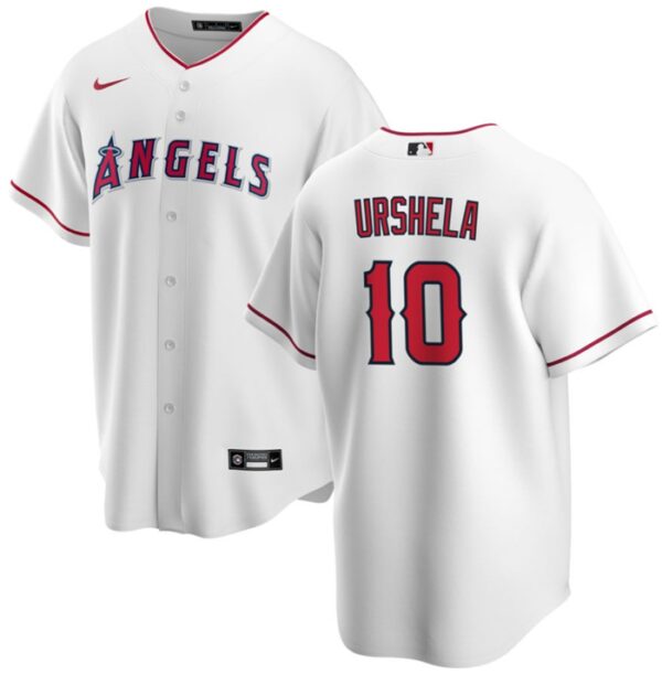 Men Los Angeles Angels #10 Gio Urshela White Cool Base Stitched Jersey