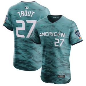 Men Los Angeles Angels #17 Mike Trout Teal 2023 All-Star Flex Base Stittched Jersey