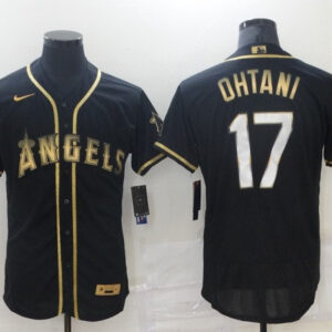 Men Los Angeles Angels #17 Shohei Ohtani 2021 Black Golden Edition Flex Base Stitched Baseball Jersey