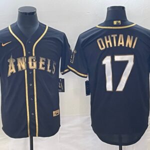 Men Los Angeles Angels #17 Shohei Ohtani Black Gold Cool Base Stitched Baseball Jersey