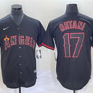 Men Los Angeles Angels #17 Shohei Ohtani Black Red Cool Base Stitched Jersey