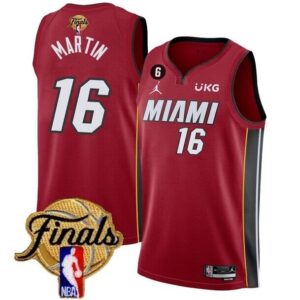 Men Miami Heat #16 Caleb Martin Red 2023 Finals Statement Edition With NO.6 Patch Stitched Jersey