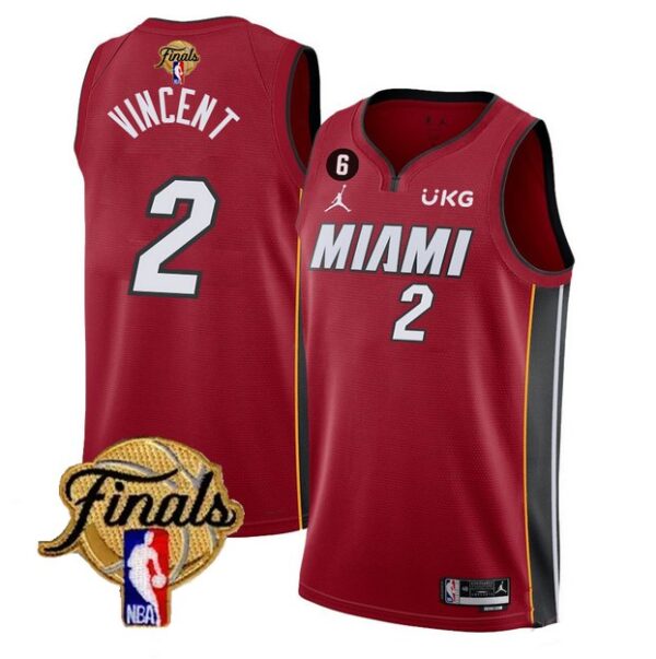 Men Miami Heat #2 Gabe Vincent Red 2023 Finals Statement Edition With NO.6 Patch Stitched Jersey