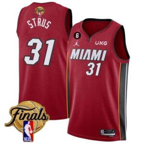 Men Miami Heat #31 Max Strus Red 2023 Finals Statement Edition With NO.6 Patch Stitched Jersey