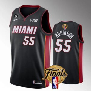 Men Miami Heat #55 Duncan Robinson Black 2023 Finals Icon Edition With NO.6 Patch Stitched Jersey