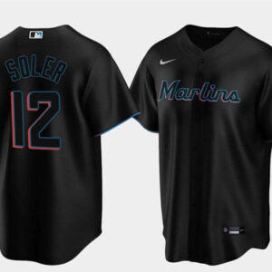 Men Miami Marlins #12 Jorge Soler Black Cool Base Stitched Jersey