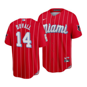 Men Miami Marlins #14 Adam Duvall 2021 Red City Connect Cool Base Stitched MLB Jersey