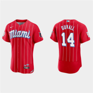 Men Miami Marlins #14 Adam Duvall Red 2021 City Connect Flex Base Stitched MLB Jersey