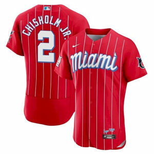 Men Miami Marlins #2 Jazz Chisholm Red 2021 City Connect Flex Base Stitched MLB Jersey