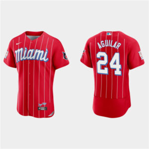 Men Miami Marlins #24 Jesus Aguilar Red 2021 City Connect Flex Base Stitched MLB Jersey