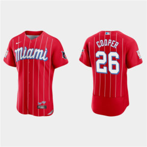 Men Miami Marlins #26 Garrett Cooper Red 2021 City Connect Flex Base Stitched MLB Jersey