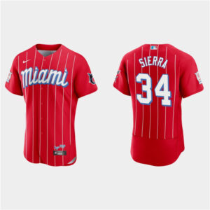 Men Miami Marlins #34 Magneuris Sierra Red 2021 City Connect Flex Base Stitched MLB Jersey