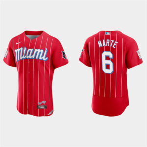 Men Miami Marlins #6 Starling Marte Red 2021 City Connect Flex Base Stitched MLB Jersey