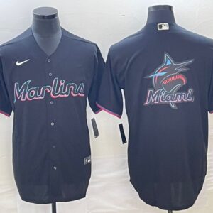 Men Miami Marlins Black Team Big Logo Cool Base Stitched Baseball Jersey