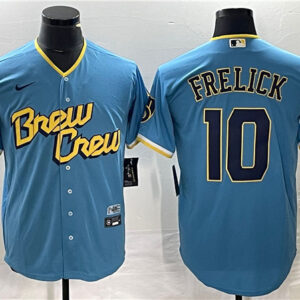 Men Milwaukee Brewers #10 Sal Frelick 2022 Powder Blue City Connect Cool Base Stitched Jersey