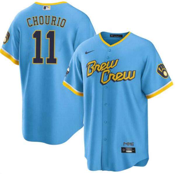 Men Milwaukee Brewers #11 Jackson Chourio Powder Blue City Connect Cool Base Stitched Jersey