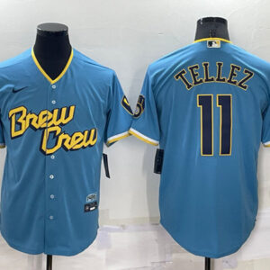 Men Milwaukee Brewers #11 Rowdy Tellez 2022 Powder Blue City Connect Cool Base Stitched Jersey