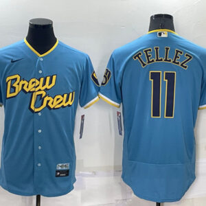 Men Milwaukee Brewers #11 Rowdy Tellez 2022 Powder Blue City Connect Flex Base Stitched Jersey