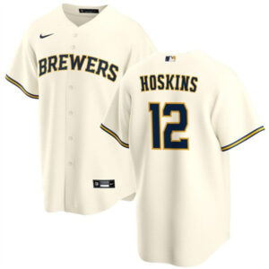 Men Milwaukee Brewers #12 Rhys Hoskins Cream Cool Base Stitched Baseball Jersey