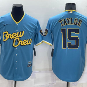 Men Milwaukee Brewers #15 Tyrone Taylor 2022 Powder Blue City Connect Cool Base Stitched Jersey