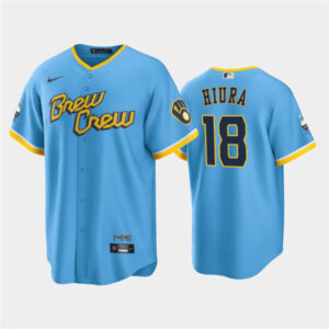 Men Milwaukee Brewers #18 Keston Hiura Powder Blue 2022 City Connect Cool Base Stitched Jersey