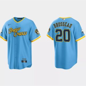 Men Milwaukee Brewers #20 Mike Brosseau Powder Blue 2022 City Connect Cool Base Stitched Jersey