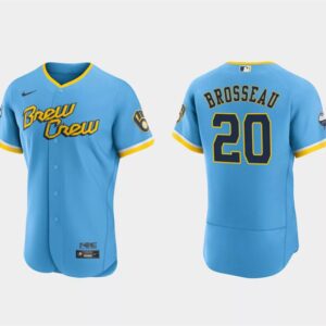 Men Milwaukee Brewers #20 Mike Brosseau Powder Blue 2022 City Connect Flex Base Stitched Baseball Jersey