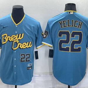 Men Milwaukee Brewers #22 Christian Yelich 2022 Powder Blue City Connect Cool Base Stitched Jersey