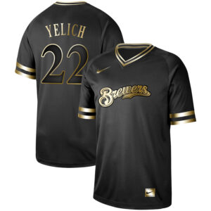 Men Milwaukee Brewers #22 Christian Yelich Black Gold Stitched MLB Jersey