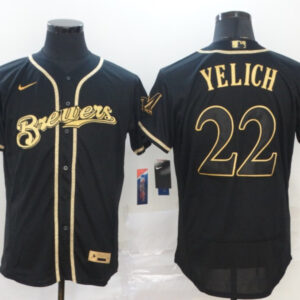 Men Milwaukee Brewers #22 Christian Yelich Blank 2020 Black Golden Flex Base Stitched MLB Jersey