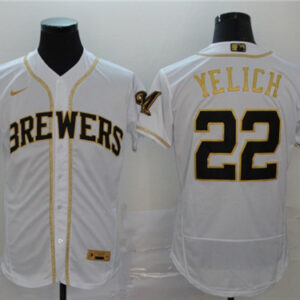 Men Milwaukee Brewers #22 Christian Yelich Blank 2020 White Golden Flex Base Stitched MLB Jersey