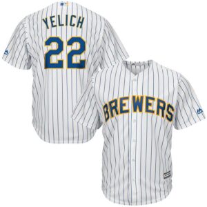 Men Milwaukee Brewers #22 Christian Yelich Majestic White/Royal Cool Base Player Stitched MLB Jersey