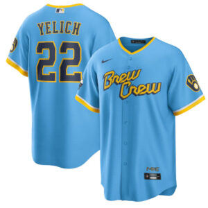 Men Milwaukee Brewers #22 Christian Yelich Powder Blue 2022 City Connect Cool Base Stitched Jersey