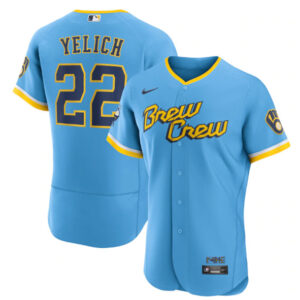 Men Milwaukee Brewers #22 Christian Yelich Powder Blue 2022 City Connect Flex Base Stitched Jersey