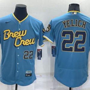 Men Milwaukee Brewers #22 Christian Yelich Powder Blue 2022 City Connect Flex Base Stitched MLB Jersey