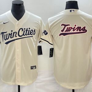 Men Minnesota Twins Cream Team Big Logo Cool Base Stitched Jersey